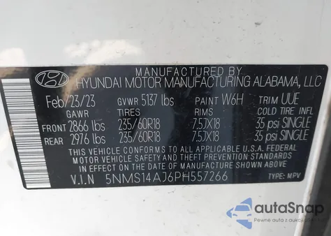 2023 Hyundai Santa Fe Se z USA, uszkodzony, nr VIN 5NMS14AJ6PH557266